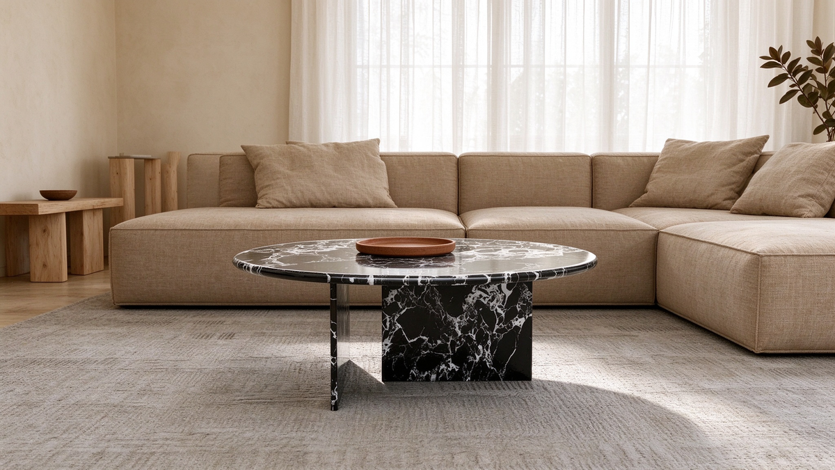 Table basse ronde de 35.43" avec plateau en faux marbre brillant