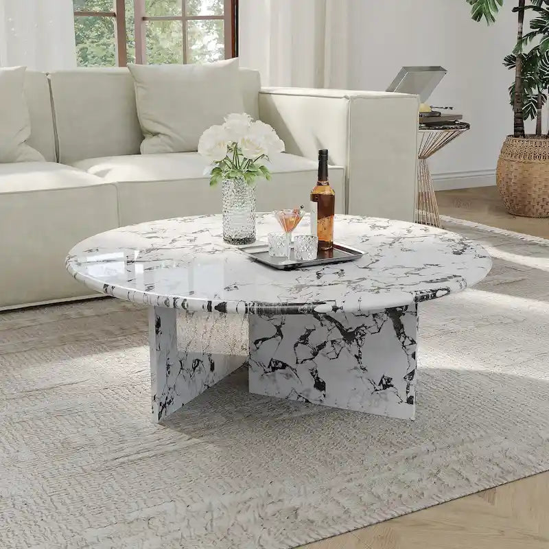 35.43Modern Round Coffee Table,Glossy Faux Marble Table top