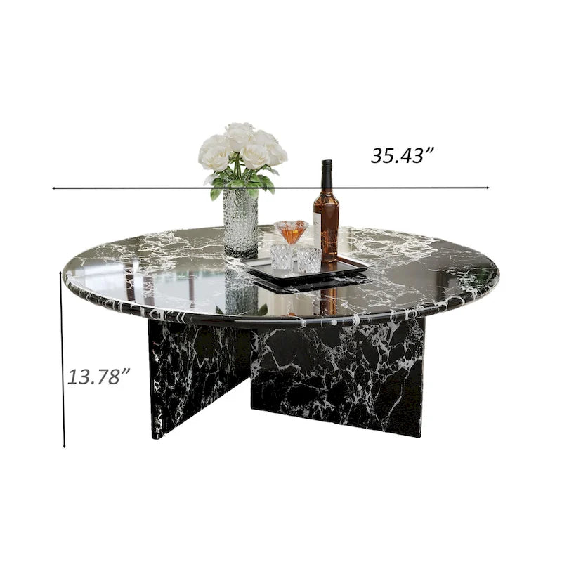 35.43Modern Round Coffee Table,Glossy Faux Marble Table top