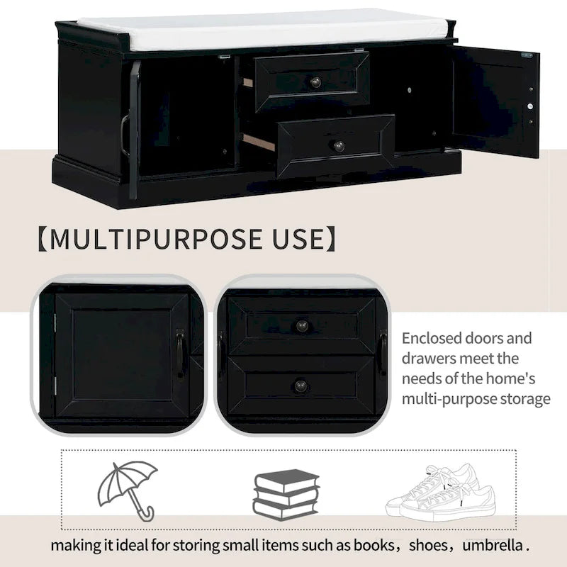 Modern Storage Bench with 2 Storage Drawers and 2 Cabinet Doors, Removable Cushion for Home Entryway and Lounge