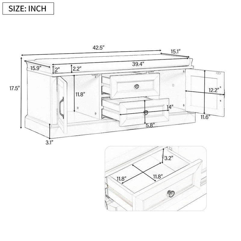 Modern Storage Bench with 2 Storage Drawers and 2 Cabinet Doors, Removable Cushion for Home Entryway and Lounge