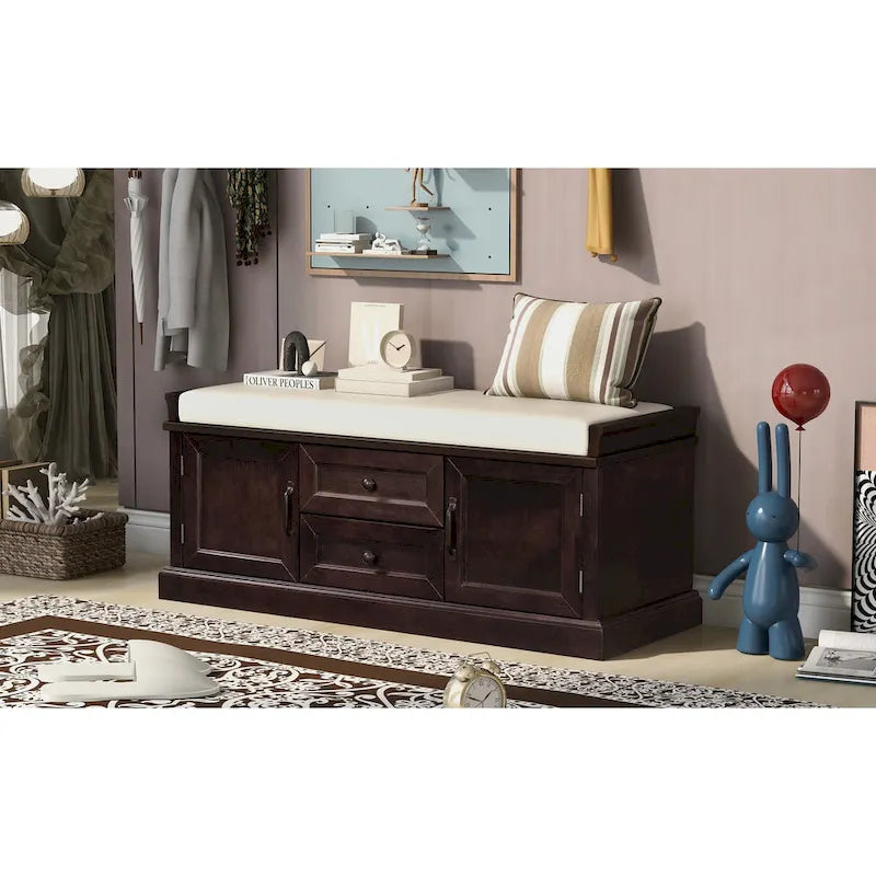 Modern Storage Bench with 2 Storage Drawers and 2 Cabinet Doors, Removable Cushion for Home Entryway and Lounge