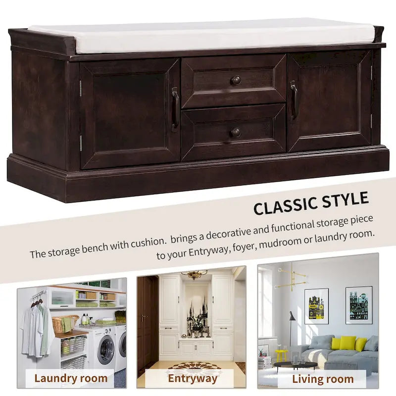 Modern Storage Bench with 2 Storage Drawers and 2 Cabinet Doors, Removable Cushion for Home Entryway and Lounge