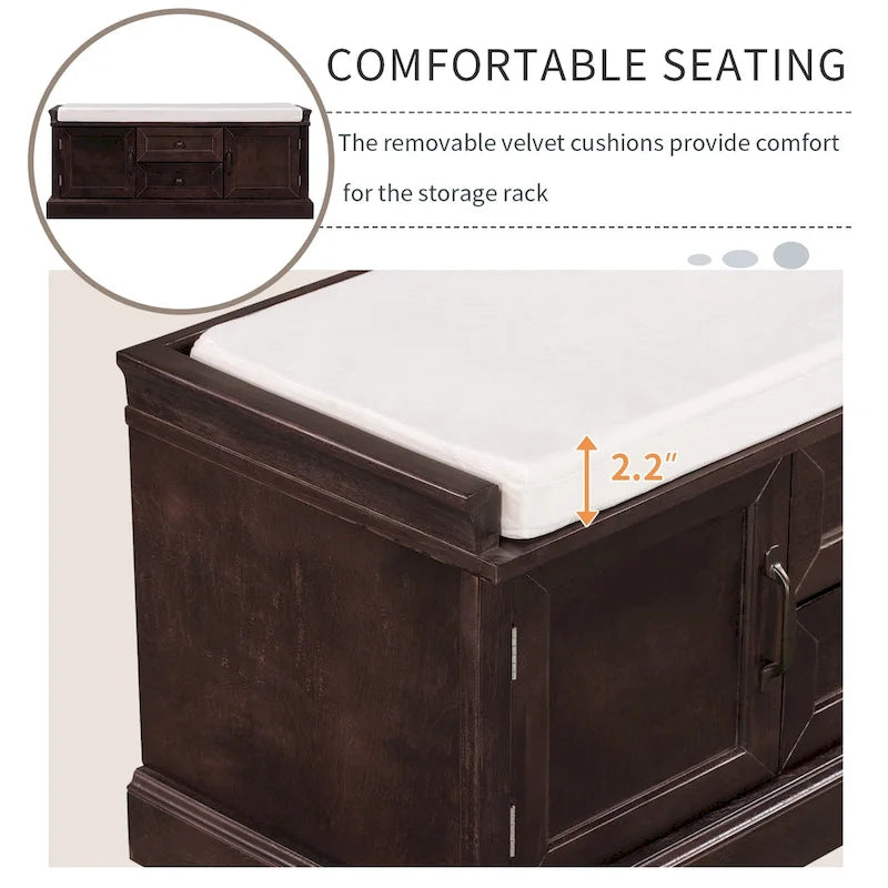 Modern Storage Bench with 2 Storage Drawers and 2 Cabinet Doors, Removable Cushion for Home Entryway and Lounge