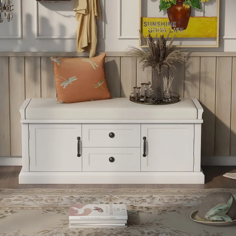Modern Storage Bench with 2 Storage Drawers and 2 Cabinet Doors, Removable Cushion for Home Entryway and Lounge