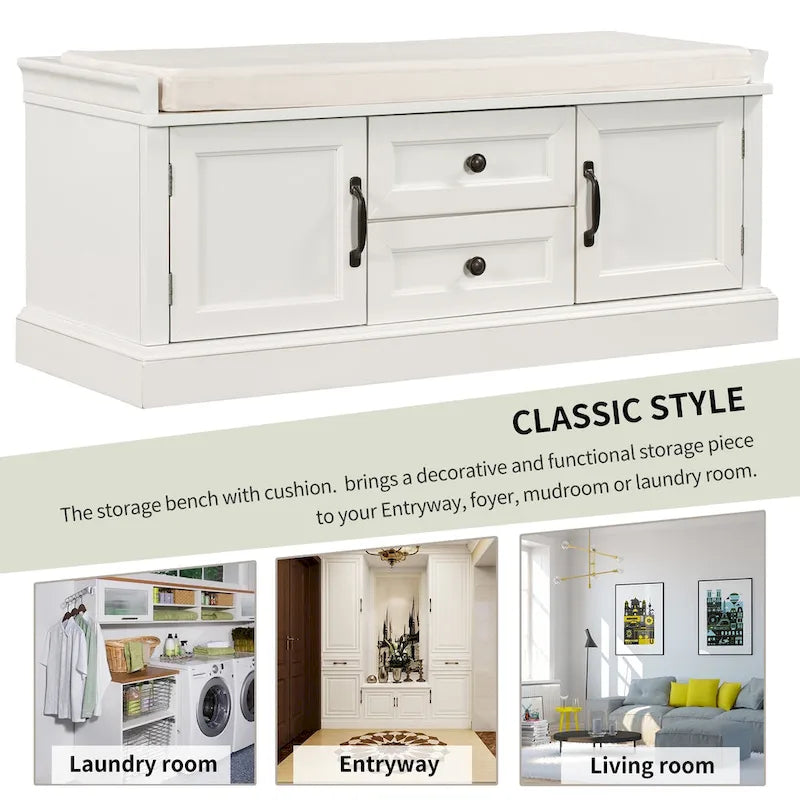 Modern Storage Bench with 2 Storage Drawers and 2 Cabinet Doors, Removable Cushion for Home Entryway and Lounge