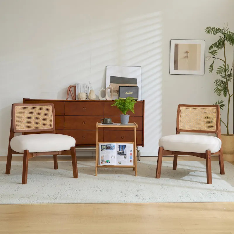 Modern Beige Lounge Chair with Woven Backrest, Set of 2