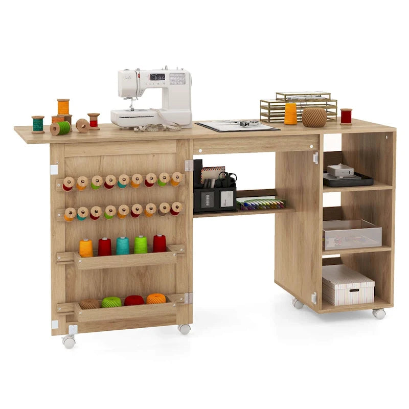 Rattan Sewing Machine Table with Rattan Door & 18 Pegs Storage