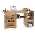 Rattan Sewing Machine Table with Rattan Door & 18 Pegs Storage