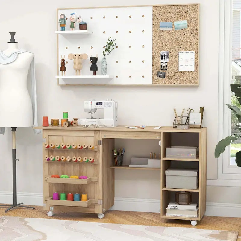 Rattan Sewing Machine Table with Rattan Door & 18 Pegs Storage