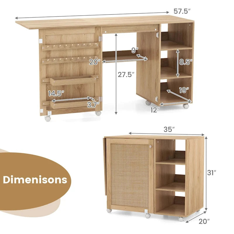 Rattan Sewing Machine Table with Rattan Door & 18 Pegs Storage