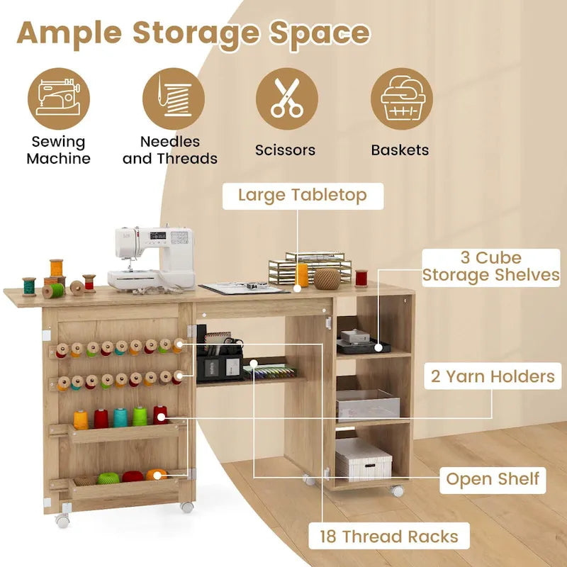 Rattan Sewing Machine Table with Rattan Door & 18 Pegs Storage