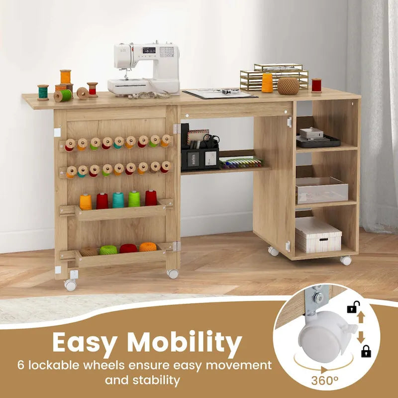 Rattan Sewing Machine Table with Rattan Door & 18 Pegs Storage