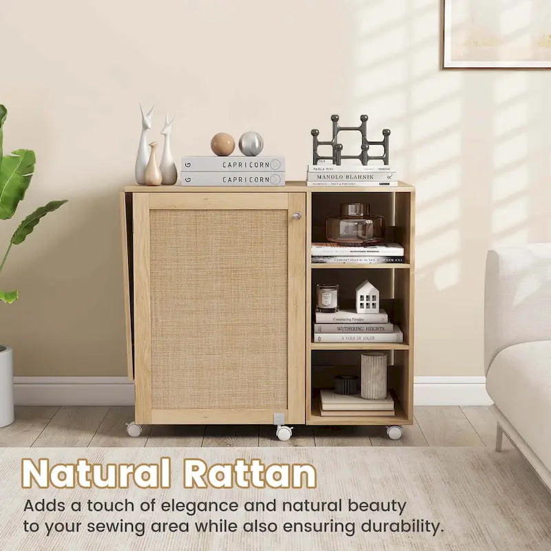 Rattan Sewing Machine Table with Rattan Door & 18 Pegs Storage
