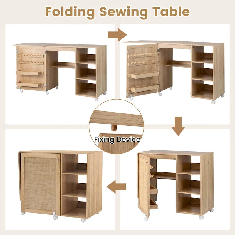 Rattan Sewing Machine Table with Rattan Door & 18 Pegs Storage