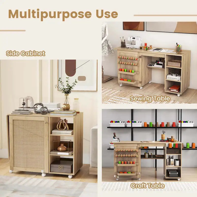 Rattan Sewing Machine Table with Rattan Door & 18 Pegs Storage