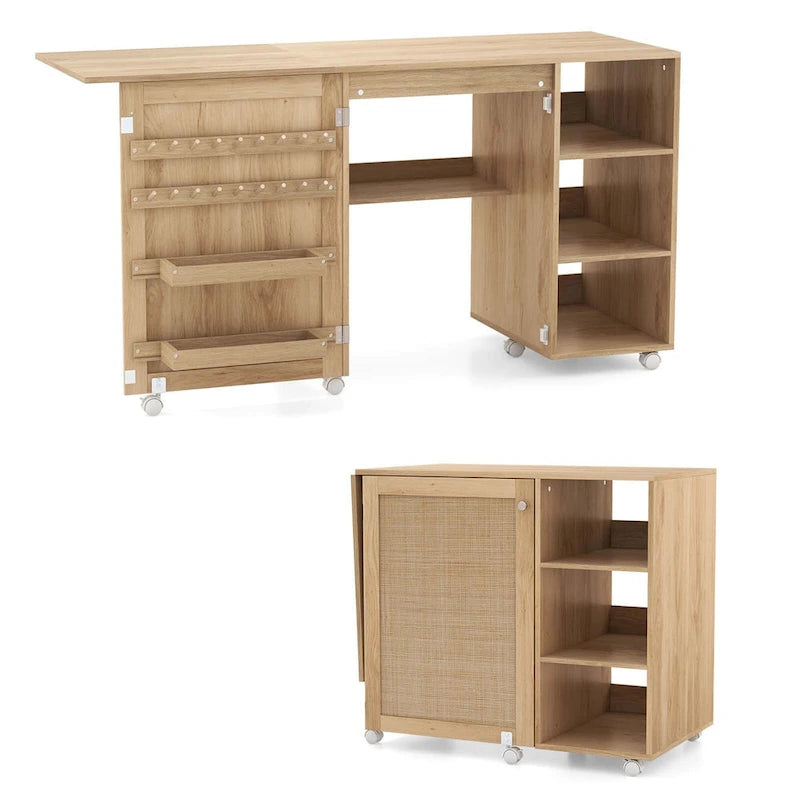Rattan Sewing Machine Table with Rattan Door & 18 Pegs Storage