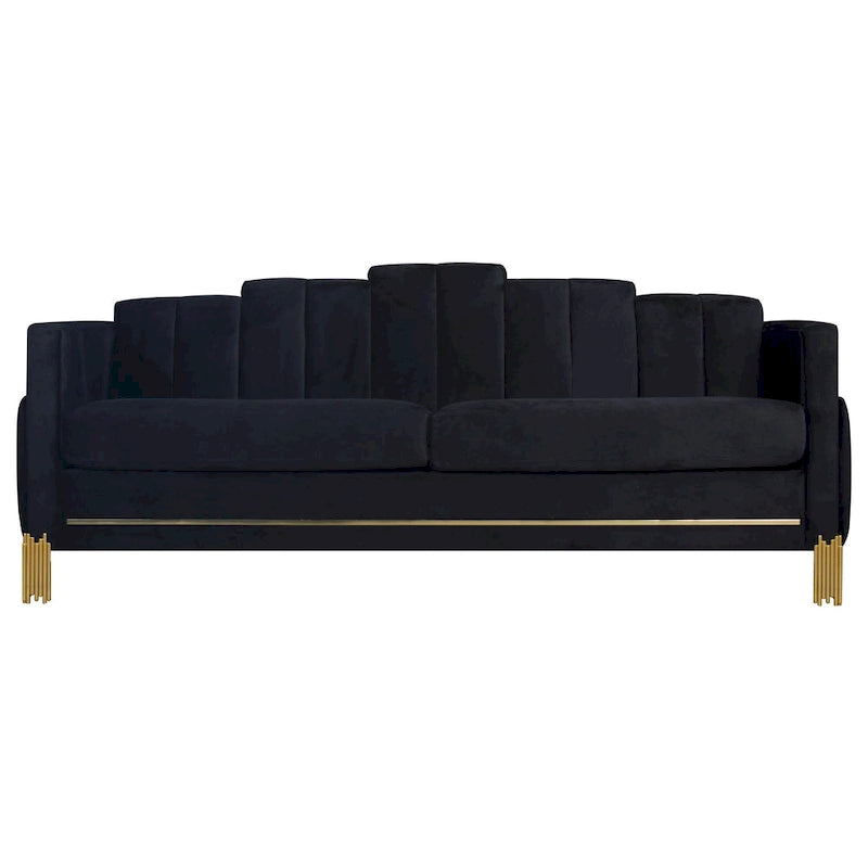 Black Velvet Sofa with Blue LED Lights and Gold Metal Legs, 83"