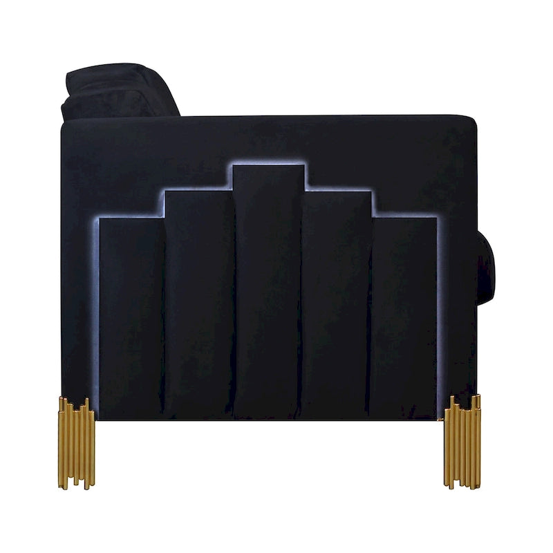 Black Velvet Sofa with Blue LED Lights and Gold Metal Legs, 83"