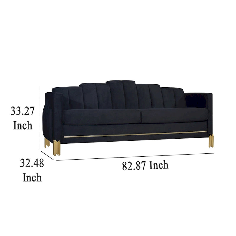 Black Velvet Sofa with Blue LED Lights and Gold Metal Legs, 83"