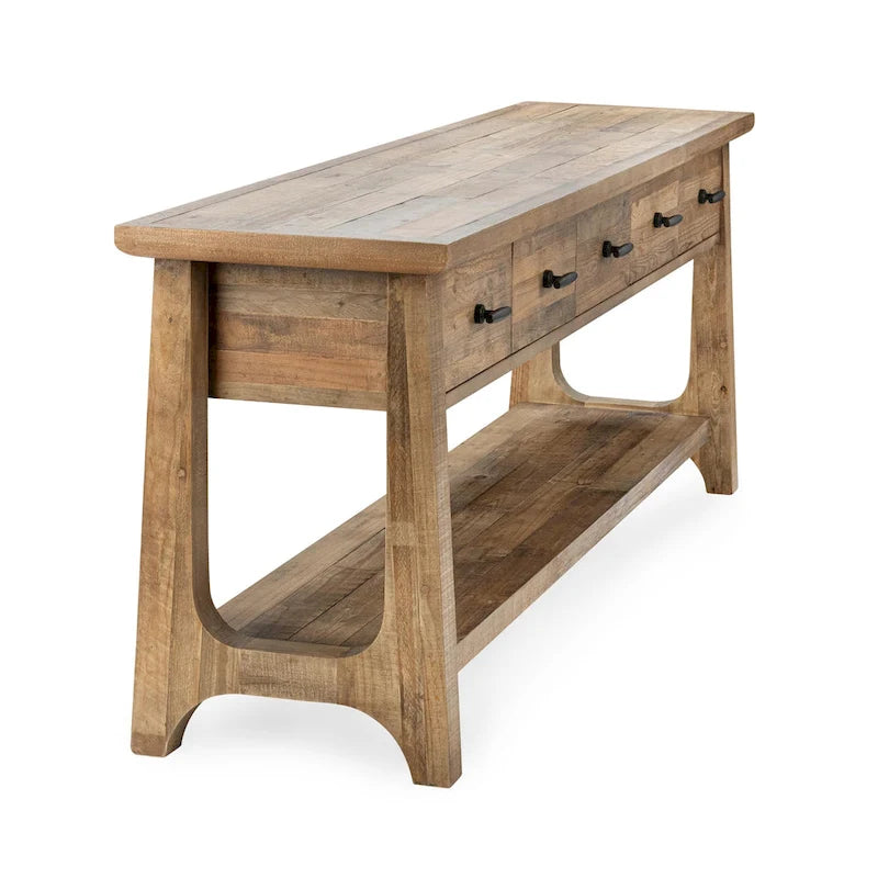 Reclaimed Pine Console Table with Shelf and Drawers