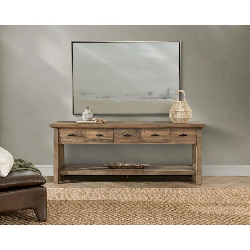Reclaimed Pine Console Table with Shelf and Drawers