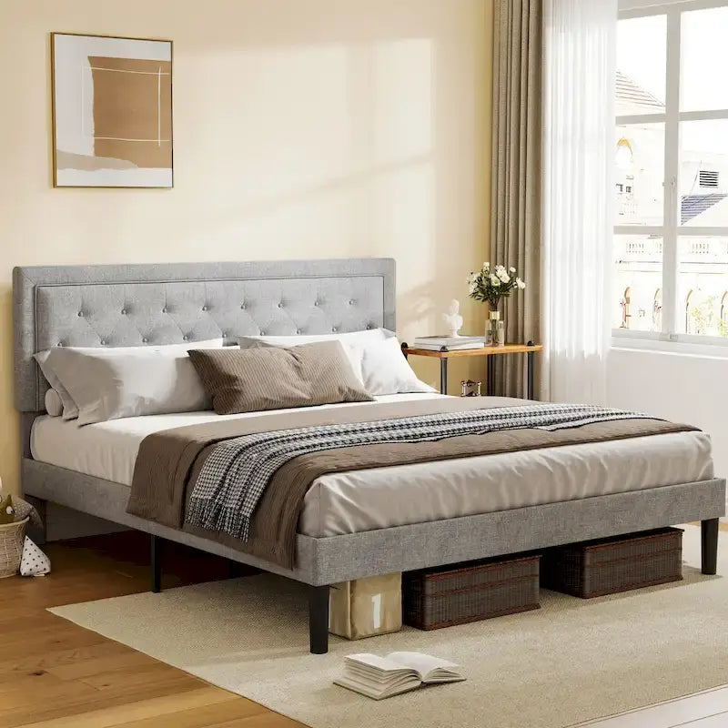 Queen Upholstered Platform Bed with Adjustable Headboard