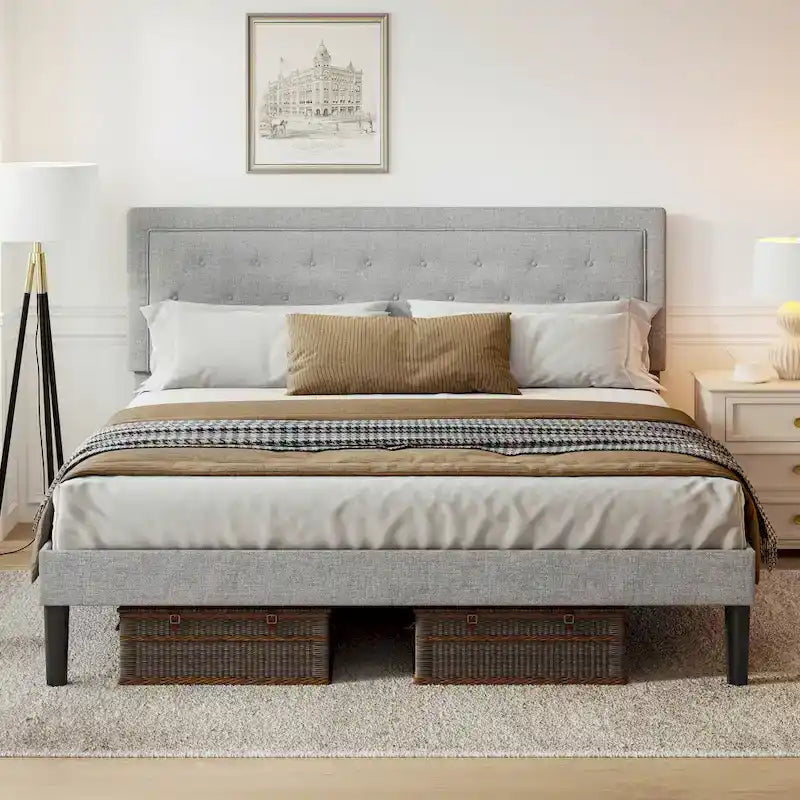 Queen Upholstered Platform Bed with Adjustable Headboard