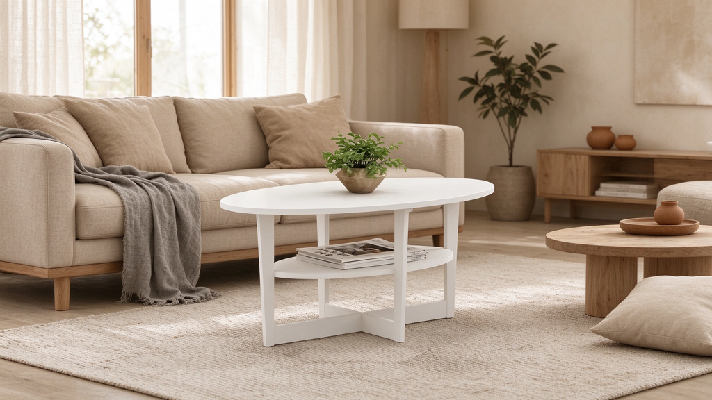 Ovaler Couchtisch mit integriertem Regalboden, dunkles Walnussholz