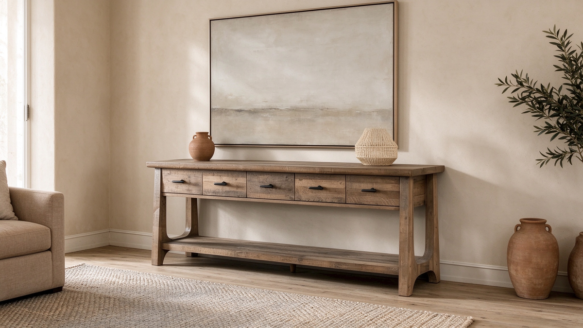 Table console en pin recyclé avec étagère et tiroirs