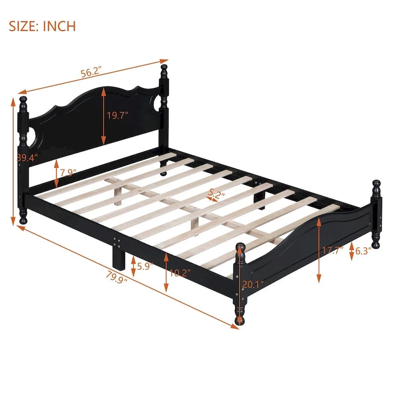 Full Size Black Wood Retro Design Platform Bed