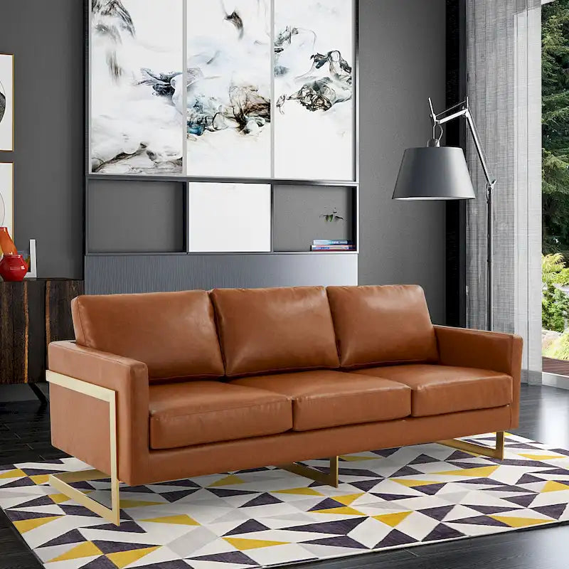Modern Upholstered Leather Sofa with Gold Frame, 83"