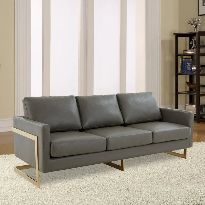 Modern Upholstered Leather Sofa with Gold Frame, 83"