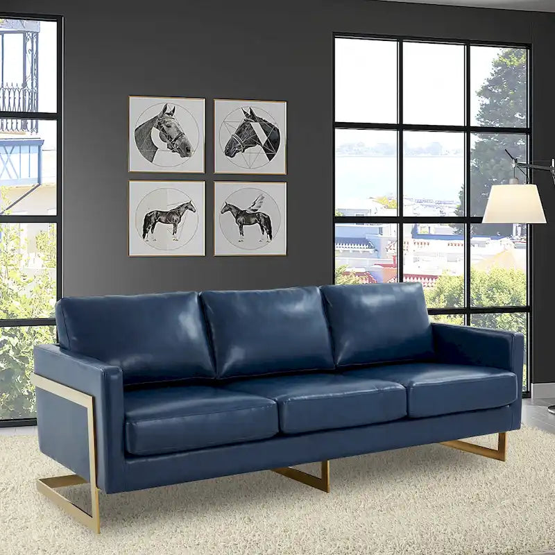 Modern Upholstered Leather Sofa with Gold Frame, 83"