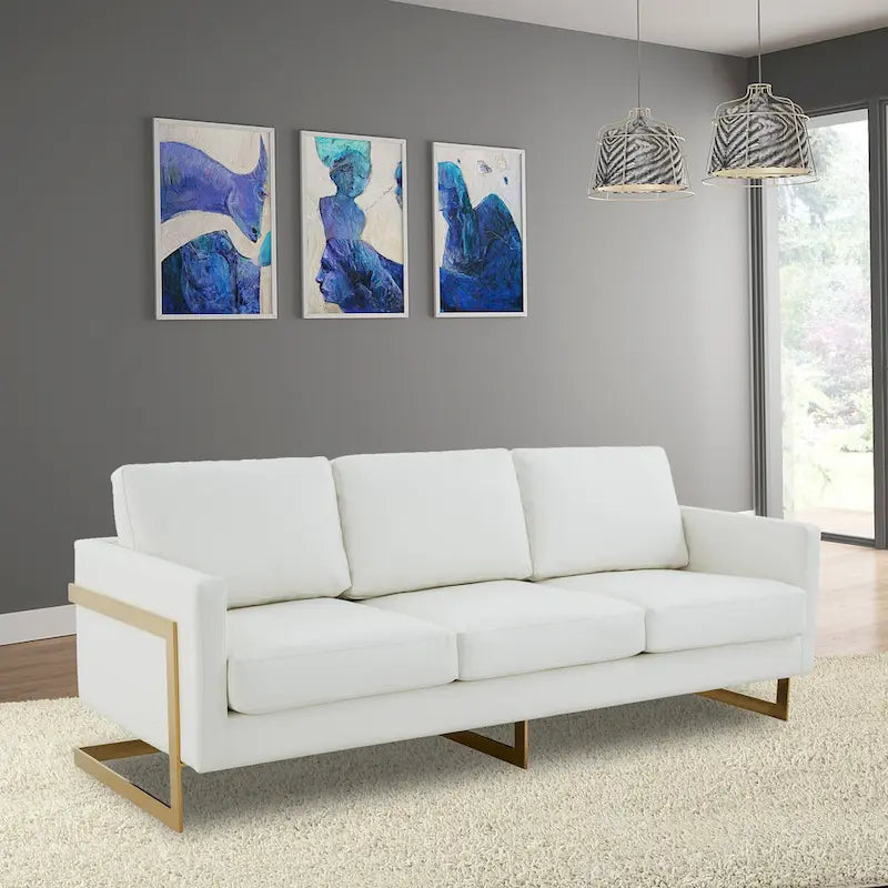 Modern Upholstered Leather Sofa with Gold Frame, 83"