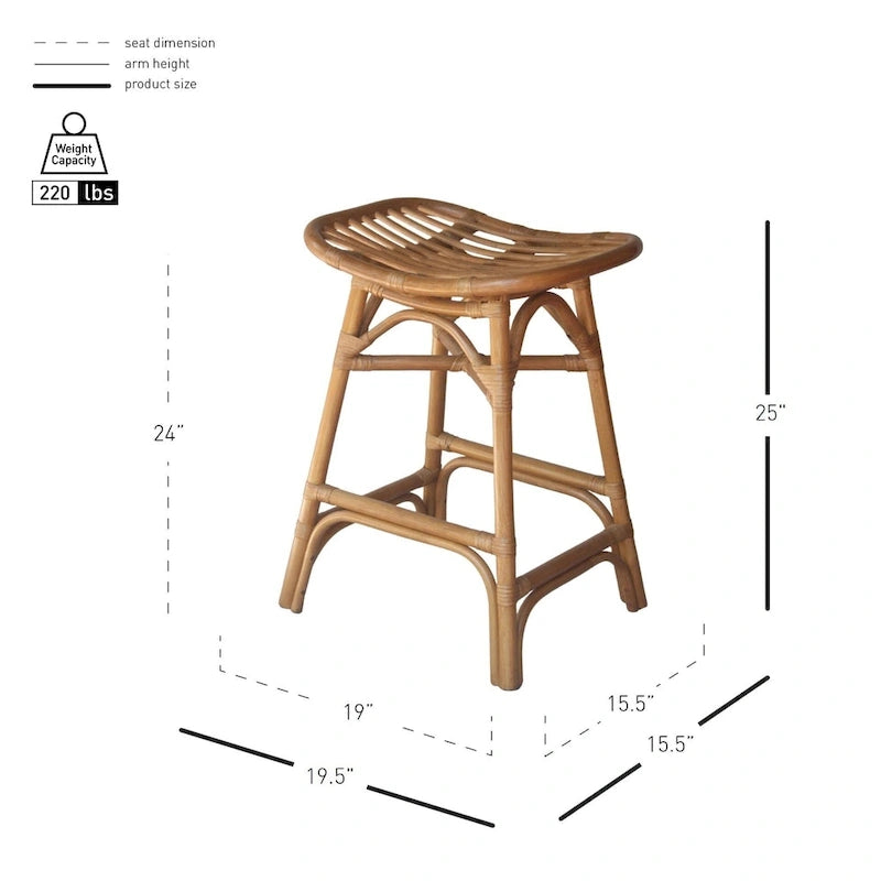 Boho Rattan Counter Stool, 24" Seat Height