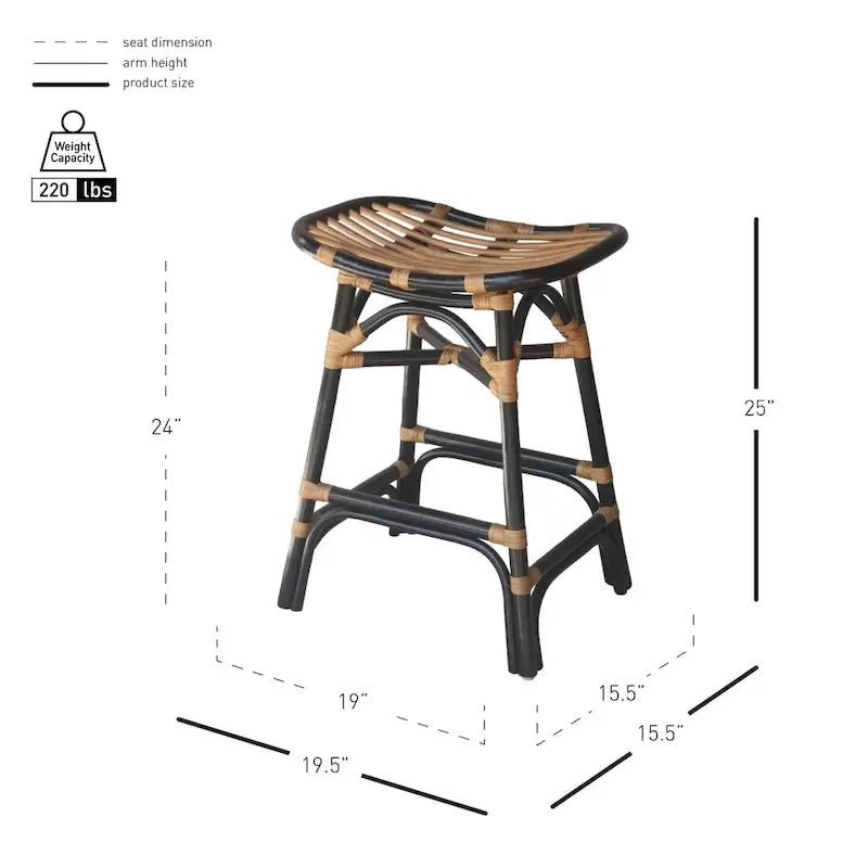 Boho Rattan Counter Stool, 24" Seat Height