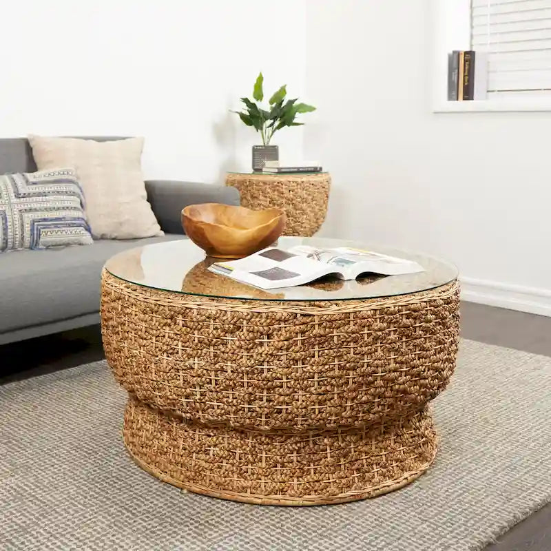 Rattan and Seagrass Handmade Woven Tapered Coffee Table with Glass Top
