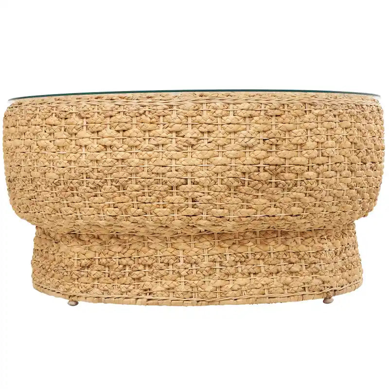Rattan and Seagrass Handmade Woven Tapered Coffee Table with Glass Top