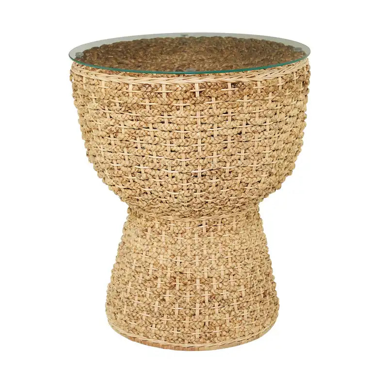 Rattan and Seagrass Handmade Woven Tapered Coffee Table with Glass Top