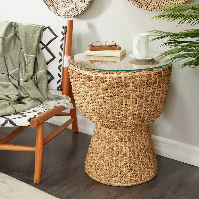 Rattan and Seagrass Handmade Woven Tapered Coffee Table with Glass Top