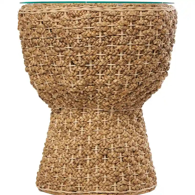 Rattan and Seagrass Handmade Woven Tapered Coffee Table with Glass Top