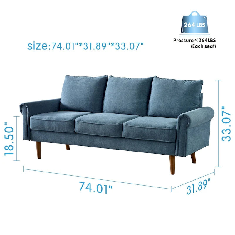 Upholstered Mid-Century Modern 3-Seat Sofa