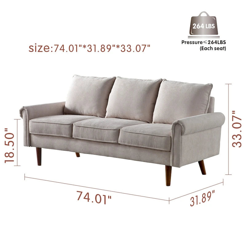 Upholstered Mid-Century Modern 3-Seat Sofa