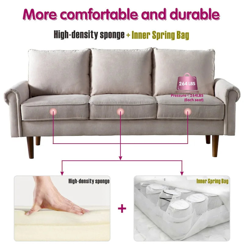 Upholstered Mid-Century Modern 3-Seat Sofa