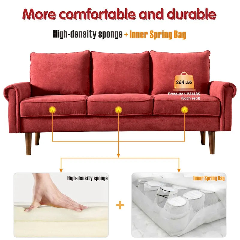 Upholstered Mid-Century Modern 3-Seat Sofa