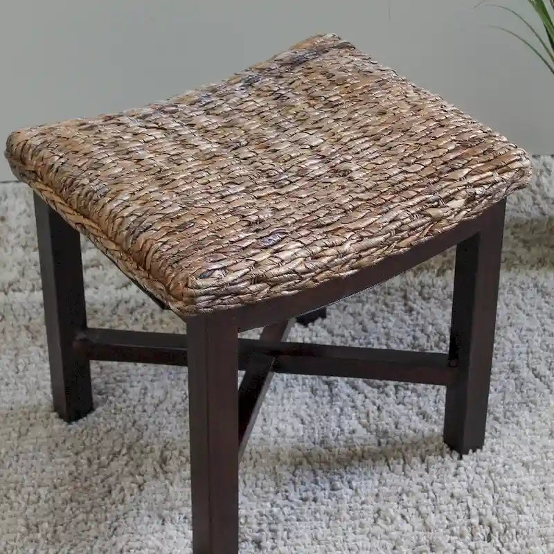 Woven Abaca 19-Inch Foot Stool with Mahogany Frame