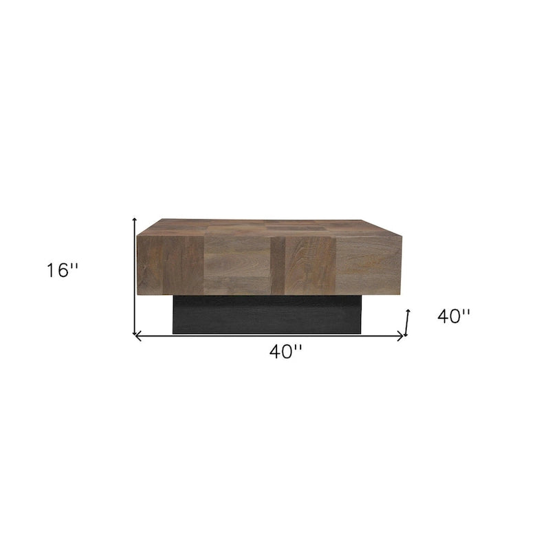 40" Dark Brown and Black Solid Wood Square Block Coffee Table