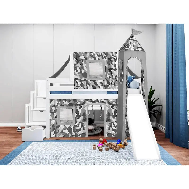 Low Loft Twin Bed with Stairs, Slide, Tent & Tower