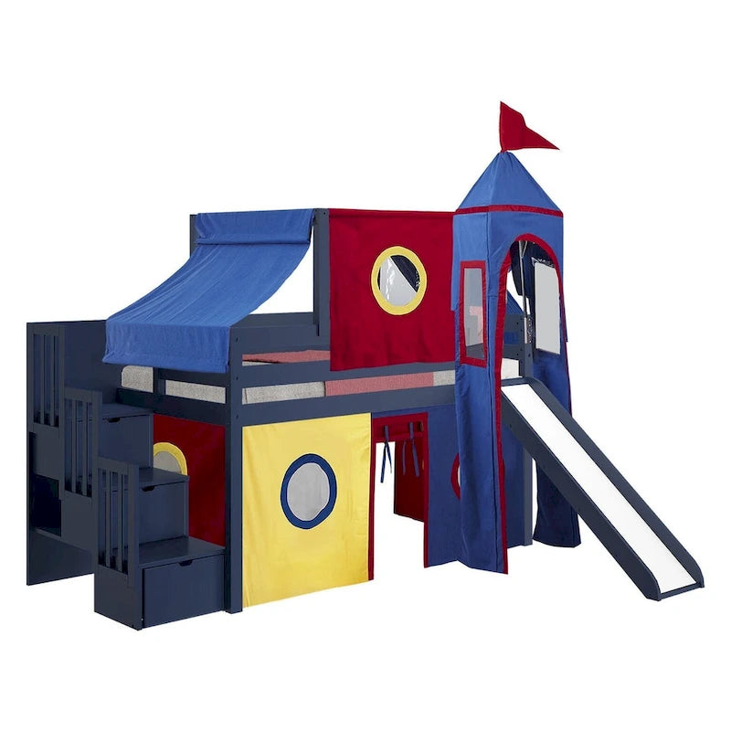 Low Loft Twin Bed with Stairs, Slide, Tent & Tower